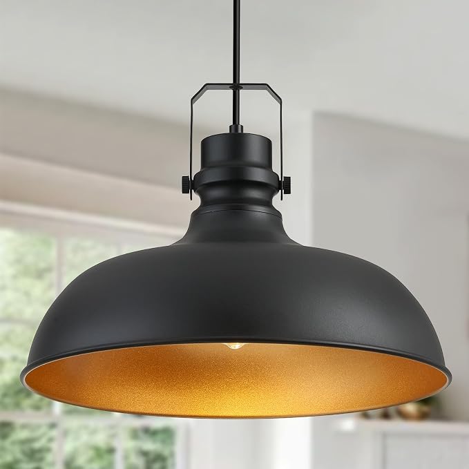 Black Farmhouse Pendant Lights for Kitchen Island 16 Inch | ETL Certificate,Industrial Adjustable Height Vintage Dome Hanging Light Fixtures for Barn,Dining Room 2 Pack