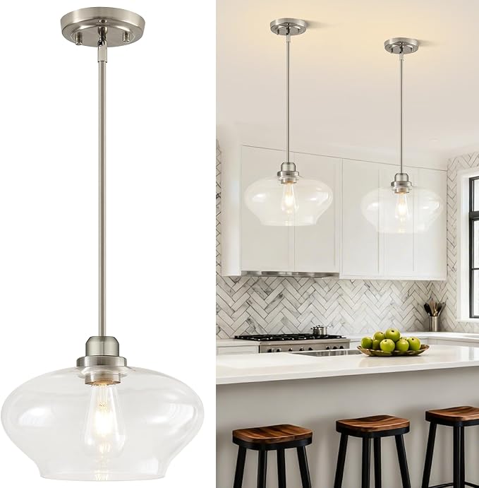 Modern Pendant Lights Kitchen Island, Brushed Nickel Pendant Light Fixtures with 11" Clear Glass Shade, Industrial Hanging Pendant Lights Fixture for Kitchen Island Dining Room Bedroom Foyer Entryway