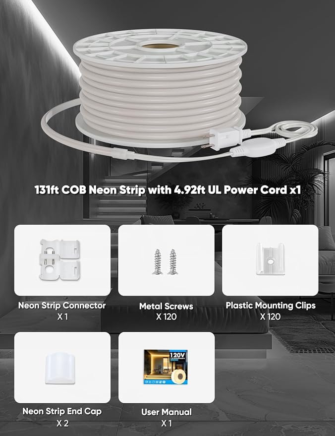 COB Led Neon Rope Lights 131ft 6000K Cool White, 110-120V Outdoor Waterproof Lighting Strip 600lm/m Super Bright, Cuttable and Adhesive, for Roof Bedroom Garden Commercial