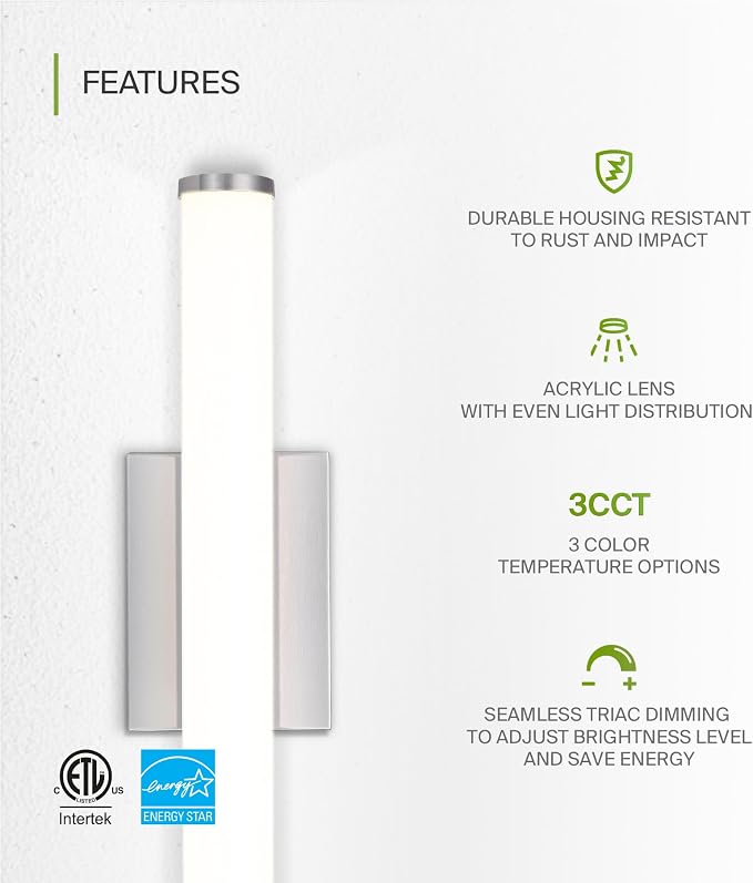 ASD 18" LED Linear Vanity Light Fixture, Modern Bathroom Sconce — 3 Color 3000K-5000K, Dimmable, 20W 1500LM, Energy Star & ETL Listed — Over Mirror Makeup Bar for Bedroom, Cabinets — Nickel, 2 Pack