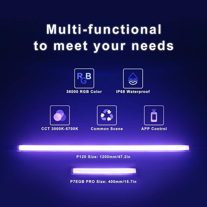 P120 RGB Handheld Photography Light, APP Control 1350 Lumen LED Video Light Wand 360°Full Color 12 Lighting Modes CRI≥95 IP68 Waterproof Built-in Rechargeable Battery 3000k 5750k Colorful Stick