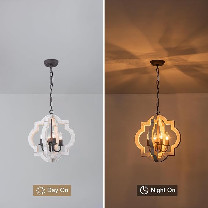 16" Farmhouse Chandelier Distressed White Wood Dining Room Light Fixture | Oak, Rustic Country Style, 4-Light Lantern Hanging Pendant Light For Foyer Entryway Kitchen Island Bedroom Stair Over Table