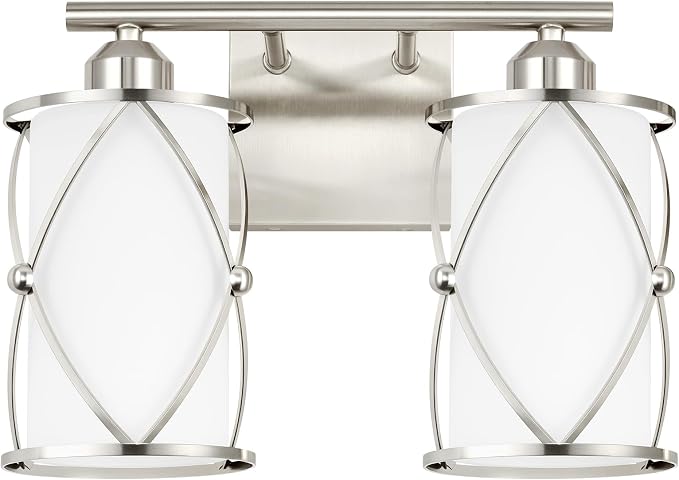 2-Light Brushed Nickel Bathroom Light Fixtures with Milk Frosted Glass, 13" Modern Bathroom Vanity Lighting Fixtures Over Mirror with Metal Cage, Wall Sconce Light for Bath, E26, CH9176BNW-2W
