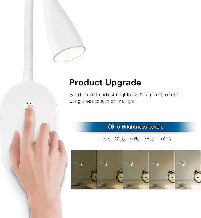 Wall Reading Light for Books in Bed, USB Output Headboard Wall Lamp,5 Dimmable Touch Control Reading Lamp,LED Warm Light Easy to Install 3000K