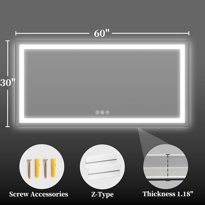 60"x30" LED Bathroom Mirror with Lights, Backlit+Frontlit, Anti-Fog | CRI 95, Stepless Dimmable, 3 Colors Lighting, Shatterproof Tempered Glass, HD Reflection, Memory, (Horizontal/Vertical)