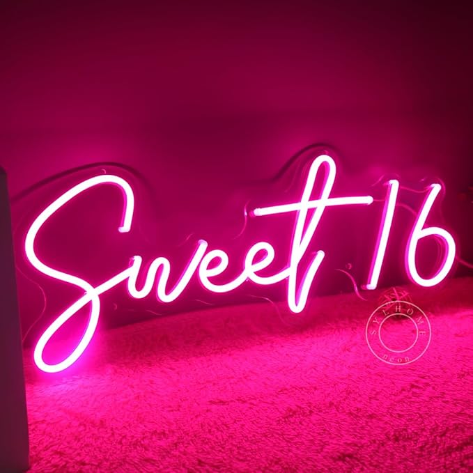 SYLHOME Pink Sweet 16 LED Neon Light Sign 17"X7.3" 5V Sweet Girls Adults Bedroom Happy Birthday Party Wall Decor Beautiful Bestie Sister USB