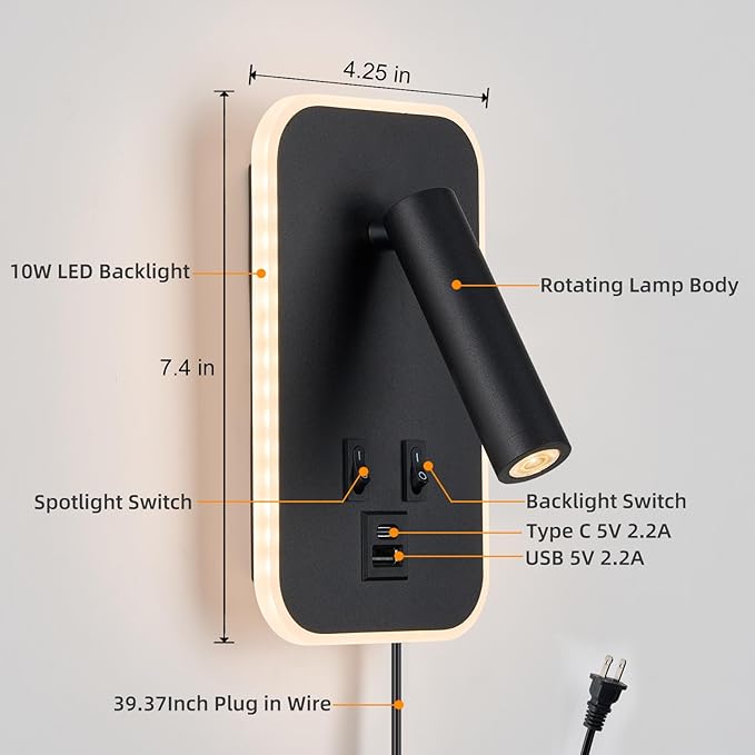 Bed Reading Light, Wall Mounted Reading Fixture with USB C+A Ports, Adjustable Headboard Sconces, Plug-in or Hardwired Bedside Lamp, Modern Black 10W+3W 3000K Warm Ambient lighting for Bedroom