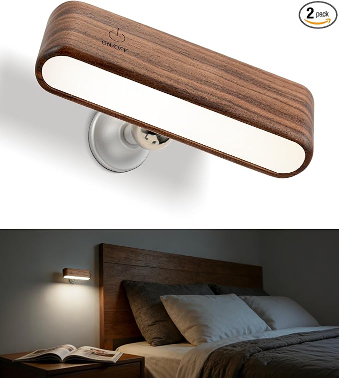 Wood Wall Sconce, Rechargeable Magnetic Wall Lamp, Dimmable | Bedside Reading, 360° Rotation, Stepless Dimming, 4000K Natural Light, Magnetic Installation for Bedroom Wall Lamps