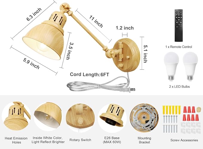 GOODATE 2 Pack Plug in Wall Sconces with Remote Control, Dimming, Adjustable Colors 2700K-6500K, Swing Arm Wall Lamps with Night Light & Timer, Plug-in or Hardwired, LED Bulbs Included, Oak Finish