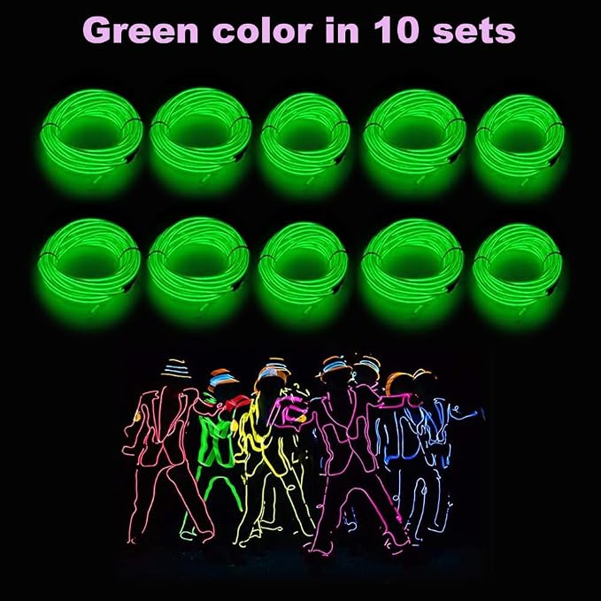 MaxLax EL Wire Green 10-Pack, 9ft/2.75m Neon Light Wire with Noise Reduction and Battery Pack…