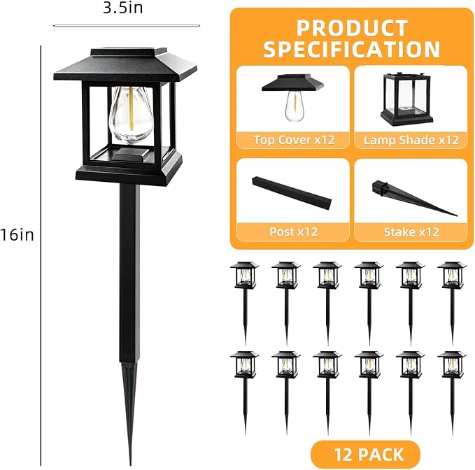 Solar Pathway Lights 12-Pack for Yard Walkways | IP65 waterproof solar landscape lights. High-efficiency panels provide auto dusk-to-dawn glow for yard and driveway security