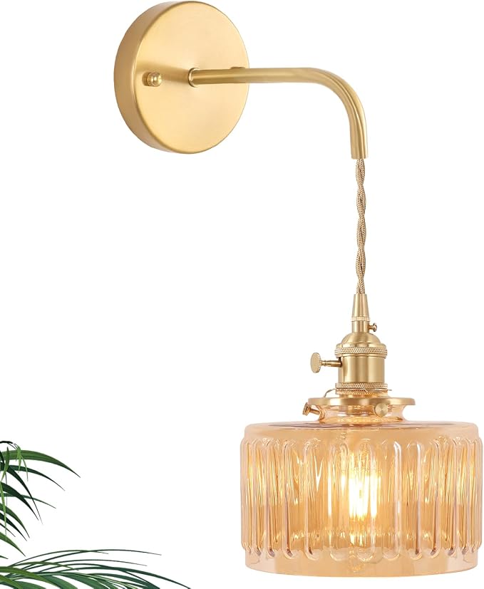 Shenmoyl Vintage Wall Sconce Wall Lamp with Amber Striped Shade Pattern Glass Adjustable Chain Retro Gold Wall Mounted Light, Modern Wall Lamp Fixtures Decor for Bedside Bedroom Indoor Doorway