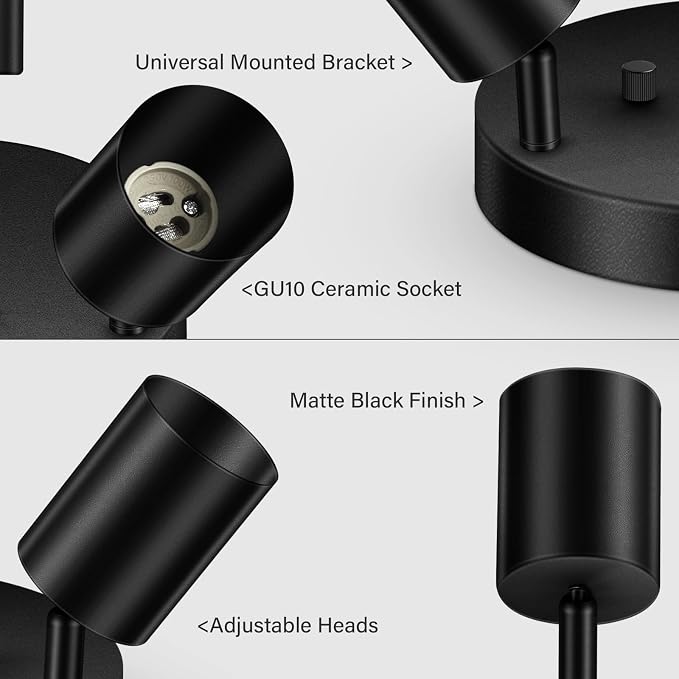 AUQUEE LED 3 Light Track Lighting Kit, LED Track Lighting Fixtures, Black Round Ceiling Spot Lighting, Flexibly Rotatable Light Head for Kitchen, Living Room, Bedroom, GU10 Bulb Not Included