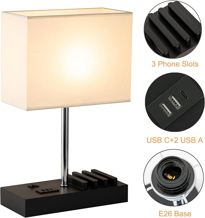 Briever Upgraded 3 USB Table Lamp with 2 USB A & C Charging Ports, Bedside Desk Lamp with 2 AC Outlets and Wooden Phone Stand Organizer, Nightstand Lamp for Bedroom, Living Room, Office, Natural Wood