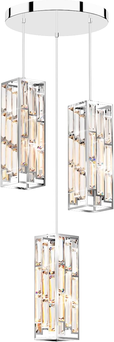 Modern 3-Light Crystal Pendant Light Fixture Kitchen Island, Chrome | Mini Crystal Chandeliers, Height Adjustable Cord, Ceiling Hanging Lighting for Kitchen Island Dining Room Bedroom