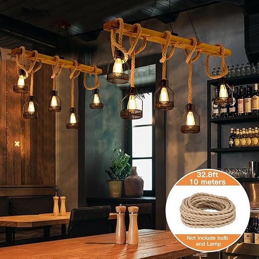 Helunsi 32.8ft Twisted Electric Rope Light, 18/2 Hemp Rope Covered Lamp Twisted Wire, 18-Gauge Vintage Light Pendant Cord, Antique Industrial Electrical Wire Rope
