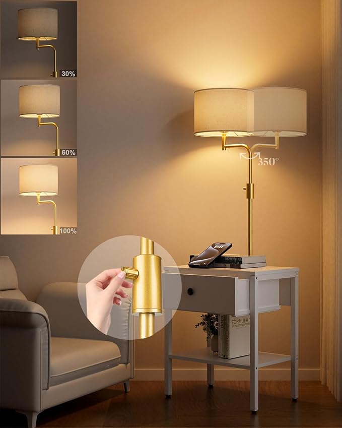 Lightdot 58IN Floor Lamps with End Table Attached, Dimmable Floor Lamp Side Table with Drawers& Bulb Included, 350° Rotatable Modern Standing Lamps for Bedroom/Sofa Beside/Corner Decor-White