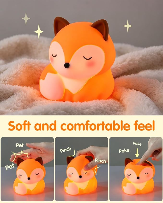 YISUN Fox Silicone LED Night Light, 3 Level Dimmable Kids Room Nursery Lamp | Soft Squishy, Rechargeable Bedside Touch Light, Novelty Animal Lamp for Boys Girls Toddlers