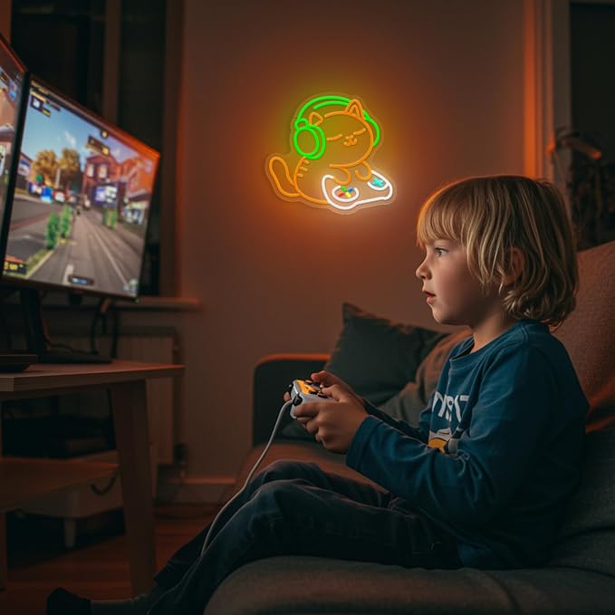 Cat Gaming Neon Sign for Wall Decor, Cute Gamer Cat LED Neon Light with Headphones & Game Controller, USB Powered Dimmable Gaming Room Neon Sign for Bedroom Desk Setup Man Cave Decor