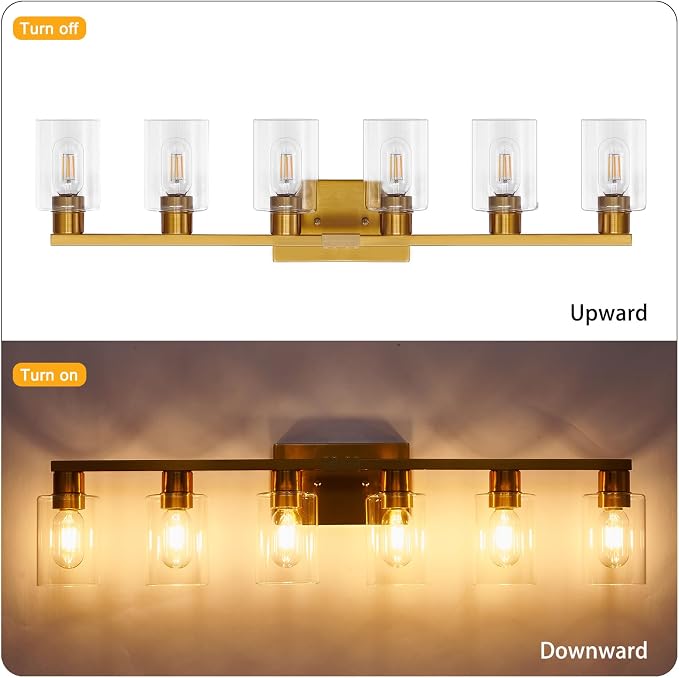 Gold 6 Light Bathroom Vanity Light Brush Gold Bathroom Light Fixtures Brass Vanity Lights for Bathrrom Large Wall Sconce with Clear Glass Shade E26 Socket