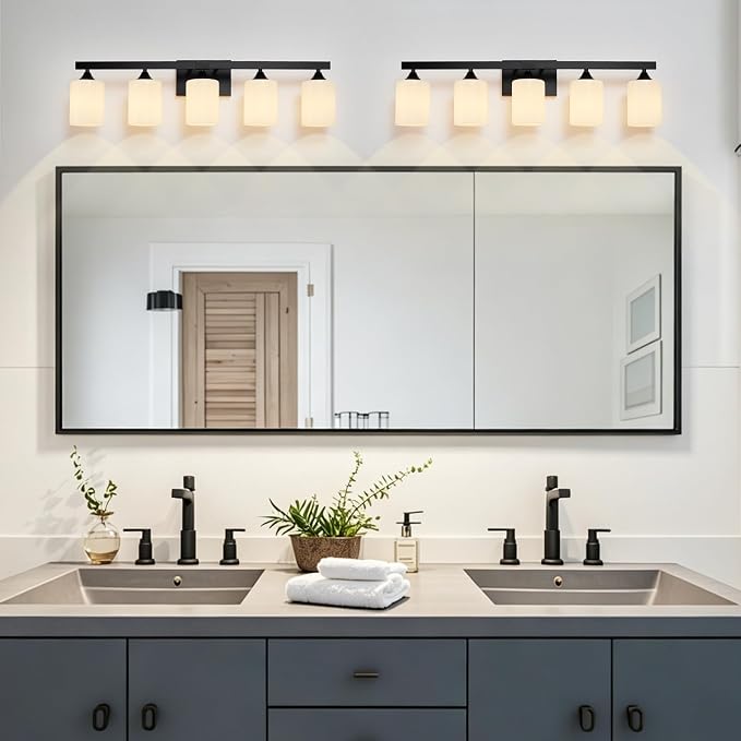 ZHU YAN 5-Light Bathroom Light Fixtures,Black Vanity Light Fixture Over Mirror,Milky White Glass Shades Wall Sconces Modern Bathroom Wall Lamp for Mirror Living Room Bedroom E26 Socket