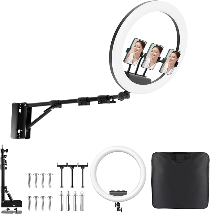 Ring Light Wall Mount with Phone Holder 19'', 45.7" Triangle Boom Arm | Rotatable Wall Mounted Light Stand for Photography Lighting Studio, Live Streaming, Salon, Barber Light, Beauty Tattoo Light