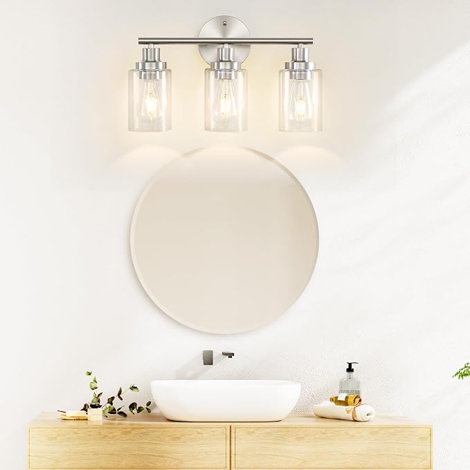Vanity Wall Light Fixtures, Modern 3 Lights Wall Sconce with Clear Glass Shade, Brushed Nickel Farmhouse Wall Lamp for Bathroom Mirror Kitchen Porch Living Room Workshop (E26 Base) | Modern Wall Sconce with Clear Glass Shade, Brushed Nickel Farmhouse W...