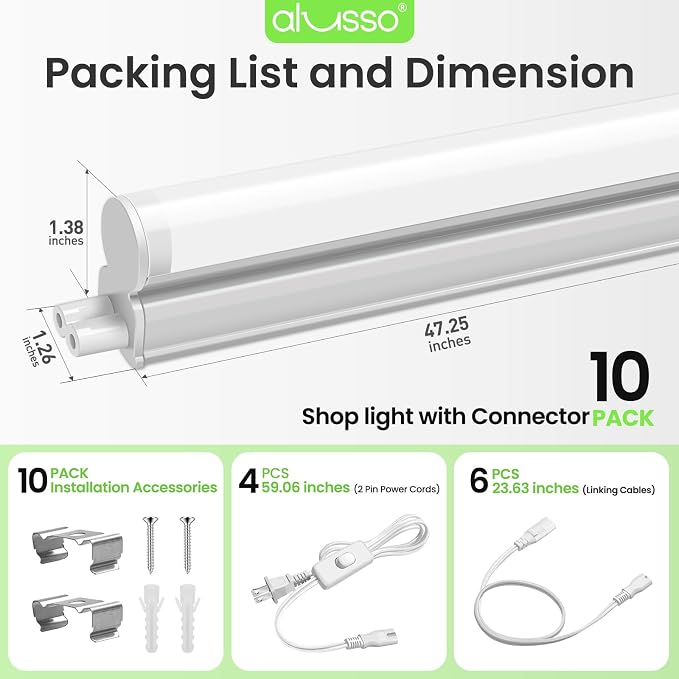 ALUSSO 10 Pack 4FT LED T5 Shop Lights – Linkable Integrated Fixture, 2100LM, 3‑Color Selectable, 3000K/4000K/6500K Adjustable Color Temperature, Corded Electric T5 Single Fixture for Garage/Workshop
