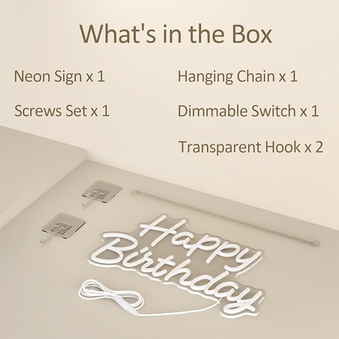 Happy Birthday Neon Sign with Dimmable, 15.5x9.7 Inch Happy Birthday LED Neon Light for Wall Decor, LED Up Light with USB Powered for All Birthday Party Decoration, Backdrop Wall (White)