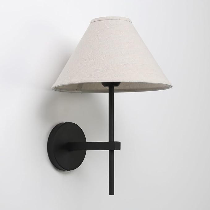 Pathson Hardwired Linen Wall Sconce Big Cone Fabric Lampshade, Vintage Wall Vanity Light Fixture Upwards Install, Indoor Bedside Lamp Victorian Decor for Living Room, Stairwell, Fireplace, Foyer