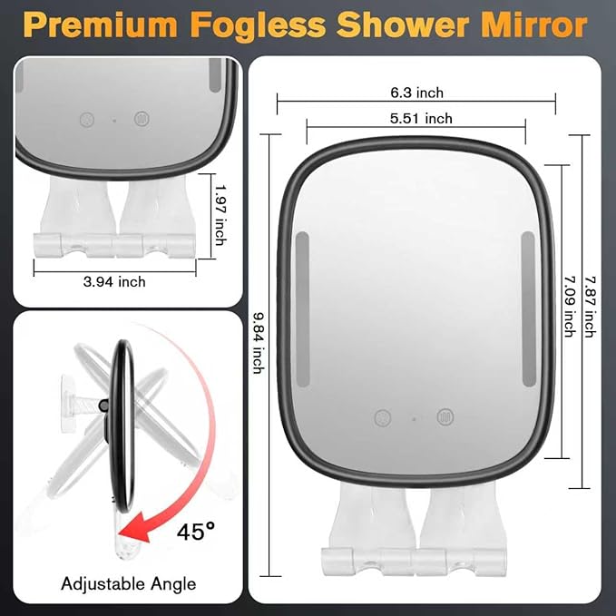 Anti-Fog Shower Mirror for Shaving - Rechargeable Lighted Fogless Mirror with Adjustable, Heated Bathroom Mirror with 2 Razor Hooks & 4 Adhesive Wall Mounts, Grooming Gift for Men (Black)