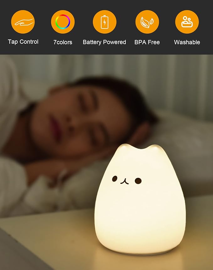 LED Night Light, Battery Powered Kids' Lamp, Silicone Multicolor Cute Cat with Warm White & 7-Color Breathing Mode for Kids & Babies