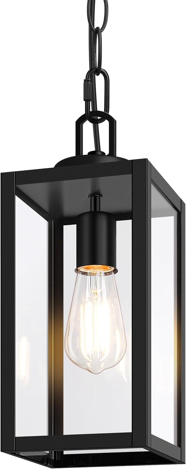 Outdoor Pendant Light, Modern Hanging Lantern for Porch, Black | Hanging Height Adjustable, Waterproof, Rust-Resistant, Durable Metal & Clear Glass, Standard E26 Sockets, Easy to Install