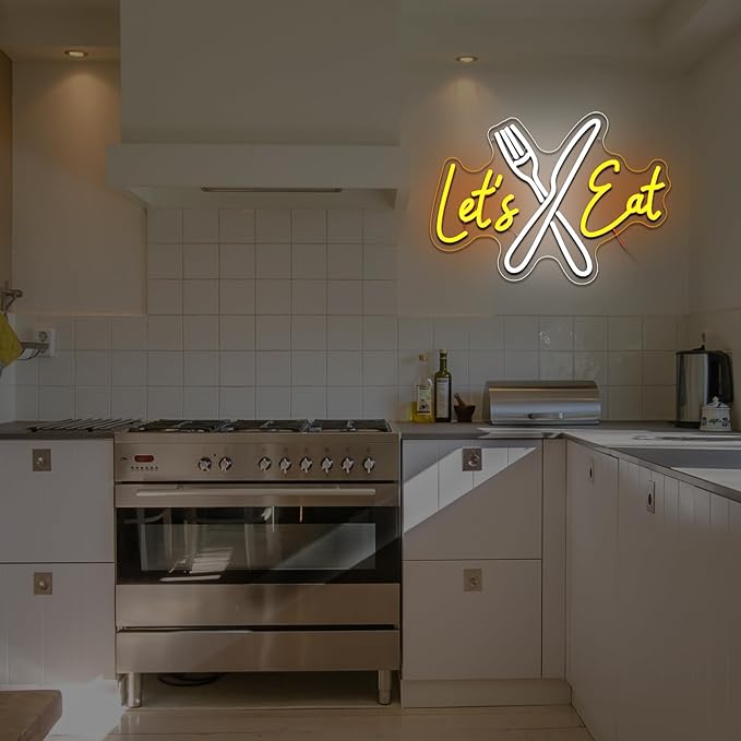 Let's Eat Neon Sign for Wall Decor Dimmable Knife Fork Led Sign for Restautant Lets Eat Neon Light for Kitchen Cafe Food Bar Cooking Dining Room Luncheonette Bistro Party Decoration