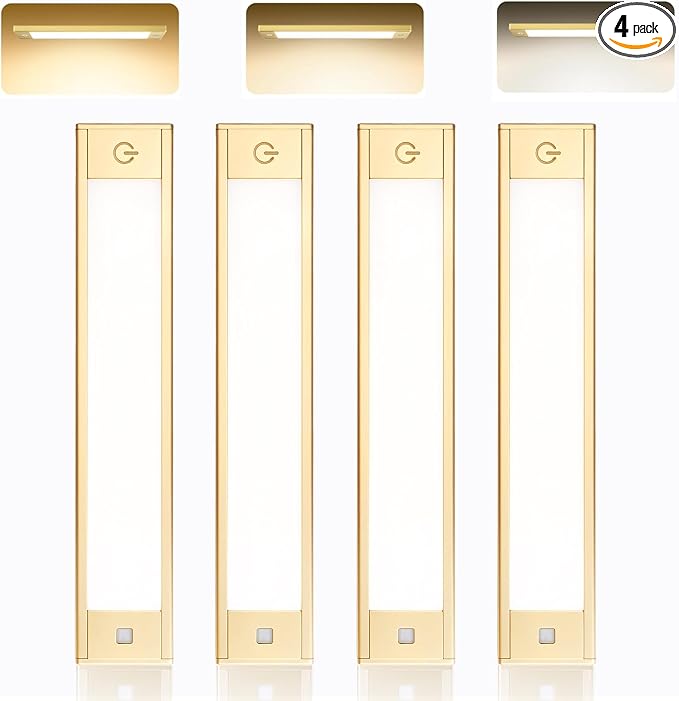 V4light Motion Sensor Cabinet Light, Rechargeable, Dimmable, 4Pcs, 9in | Gold aluminum, magnetic wireless, 1800mAh, 3 color temps & dimmable, ideal for kitchen, closet, shelf & stair