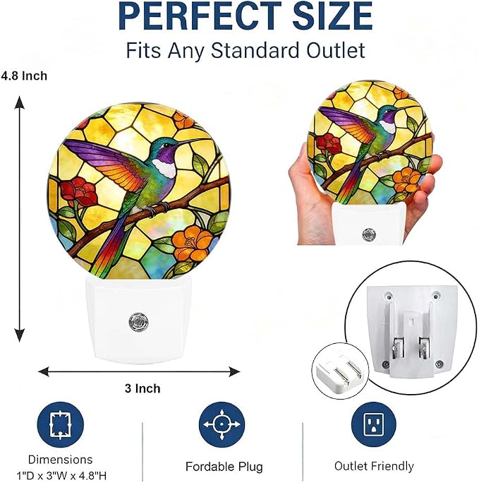 Decorative Night Lights Stained Glass Hummingbird Plug-in Nightlight | Retro Vintage Night Lights Plug into Wall LED Lamp Dusk-to-Dawn Auto Sensor for Bedroom Kitchen Toilet Hallway, Energy Saving