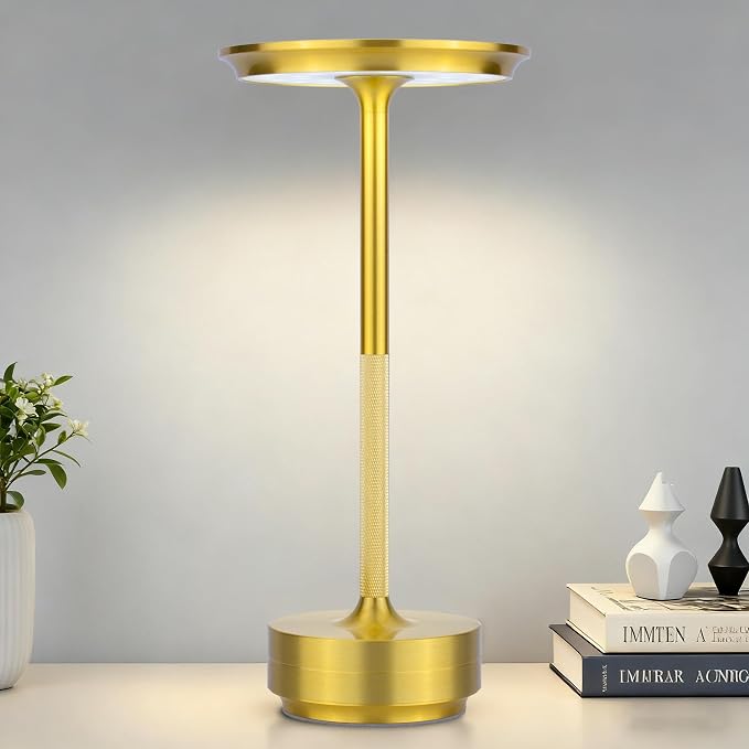 UdoUto Cordless Table Lamp Rechargeable, Gold | 5000mAh Battery Operated, Table Light, Touch Stepless Dimming & 3 Color Modes, Outdoor Lamp for Patio, Restaurant, Bedroom