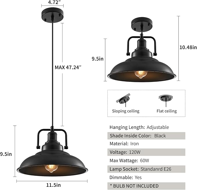 Black Pendant Light 12.5 inches 1 Pack, Farmhouse Pendant Light, Industrial Pendant Lighting, Kitchen Pendant Lights, Pendant Lights Kitchen Island for Dinning Room Entryway Barn