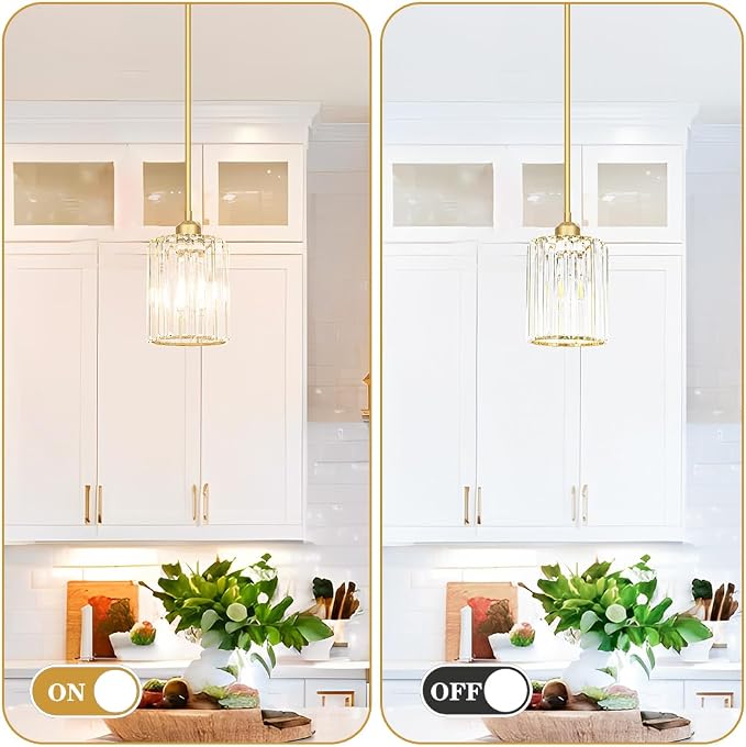 Lxybcce Brushed Gold Kitchen Pendant Lights Over Island with Adjustable Rods - Crystal Pendant Lighting Fixtures for Sloped Ceiling, Ideal Over Dining Table or Bar, E26 Bulb Compatible