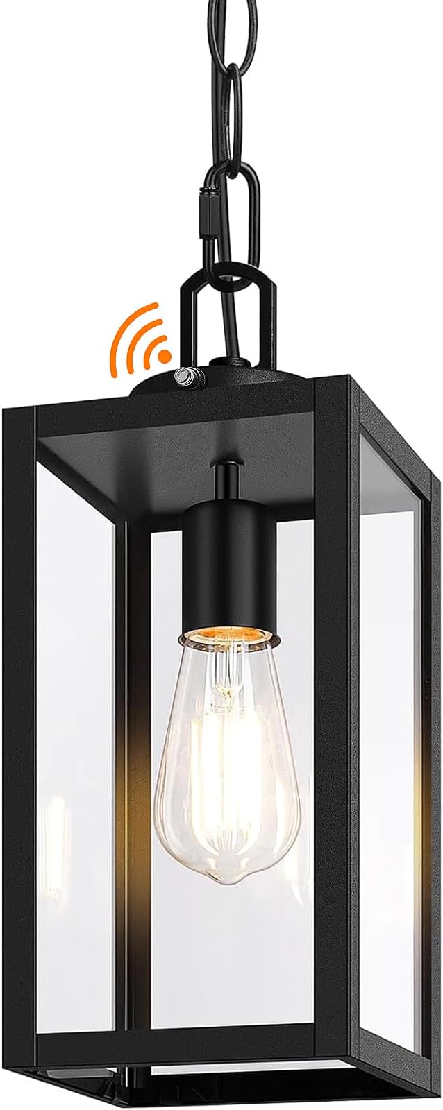 Dusk to Dawn Outdoor Pendant Light for Porch Gazebo, Black | Auto ON/OFF, Hanging Height Adjustable, Waterproof, Rust-Resistant, Durable Metal & Clear Glass, Easy to Install