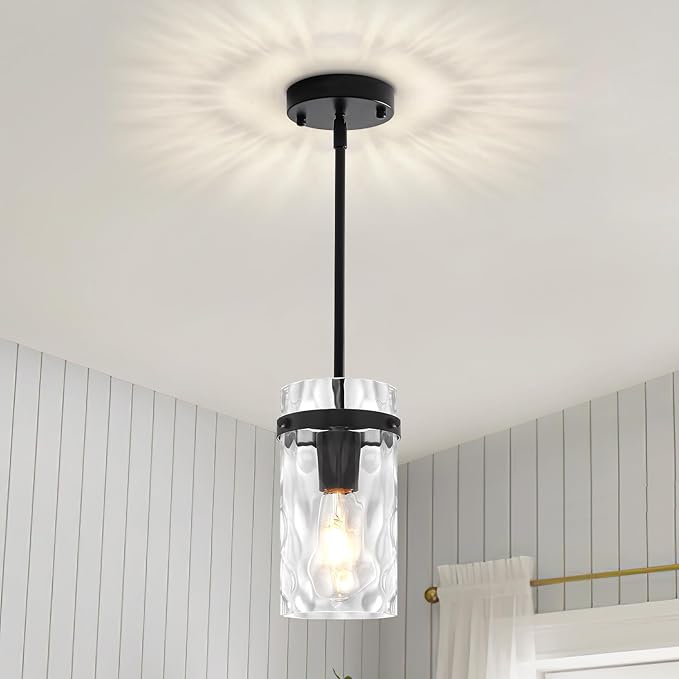 Modern Black Pendant Lights Kitchen Island, Hammered Glass Kitchen Pendant Lighting Over Island Adjustable Hanging Hallway Light Fixtures Mini Chandelier for Dining Room Bathroom Entryway