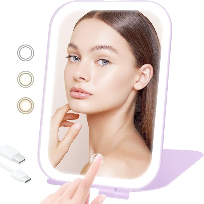 Travel Makeup Mirror, Portable Rechargeable Mirror with Lights | USB-Rechargeable, 3 Color LED Lighting, Adjustable Brightness, 7.9x5.4 inch, 1200mAh Battery, Gift for Women and Girls,Purple