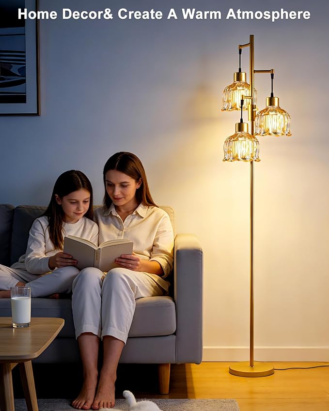 Lightdot 3-Light Lotus Floor Lamp 65'' Dimmable with Brown Glass Shade & E12 Bulbs Included, Mid Century Tall Flower Lamp with 5Lbs Heavy Base for Living Room/Bedroom/Sofa Beside/Corner Decor - Gold