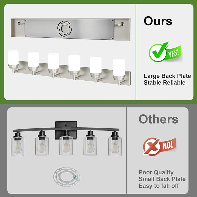 Bathroom Light Fixtures, Brushed Nickel Bathroom Lighting Fixtures Over Mirror, Modern Vanity Light with White Glass Shade, Restroom Lighting Fixtures, 6-Light 46-inch
