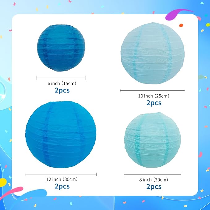 Blue Paper Lanterns 8-Pack, 6-12 inch Mixed Sizes Hanging Party Decor for Wedding Birthday Christmas