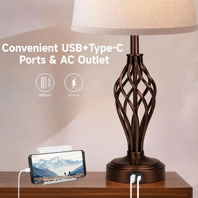 Ruiever Touch Table Lamps Set of 2, nightstand lamp with USB Ports Bedside 3 Way Touch dimmer Desk lamp for Living Room Bedroom,Brown Painted Spiral cage Base Design Warm White dimmer Bulbs Included.