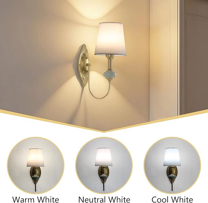 Vintage Battery Operated Wall Sconce Set of 2, Gold LED RGB 15 Color | Dimmable Wireless Wall Sconces with Remote Control, Antique Fabric Rechargeable Wall Lights for Bedroom Living Room Hallway