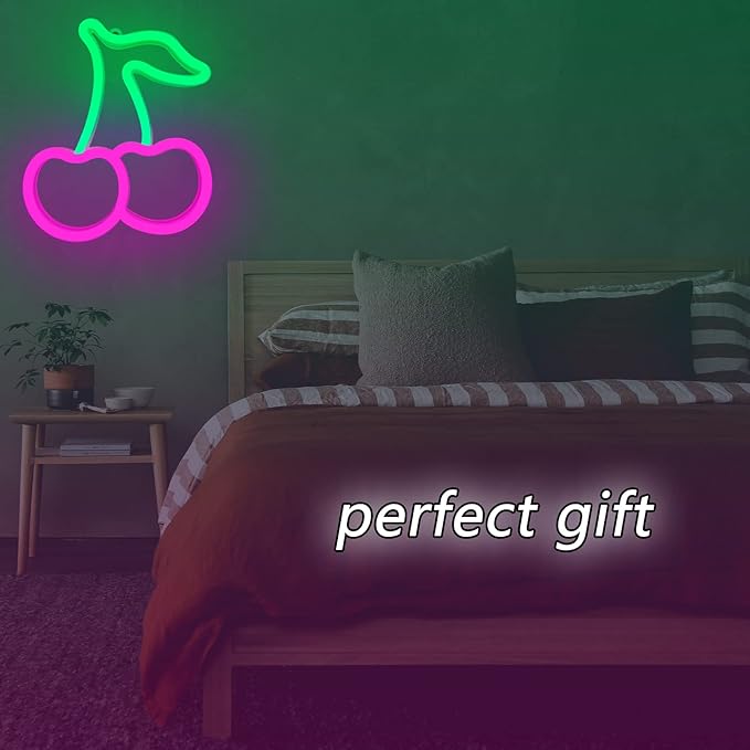 Cherry Neon Sign,Pink Green Cherries Neon Lights Cherry Neon Signs for Wall Decor,Cute Fruits LED Signs for Kids Room Restaurant Bar Fruit Shop Home