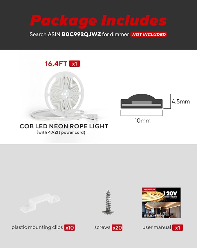 Shine Decor COB LED Rope Light AC 120V, 800lm Ultra Bright, IP65 Waterproof Cold-Resistant ETL Neon Strip, No Driver Tape Lighting for Home Commercial 10x4.5mm, Amber, 16.4ft