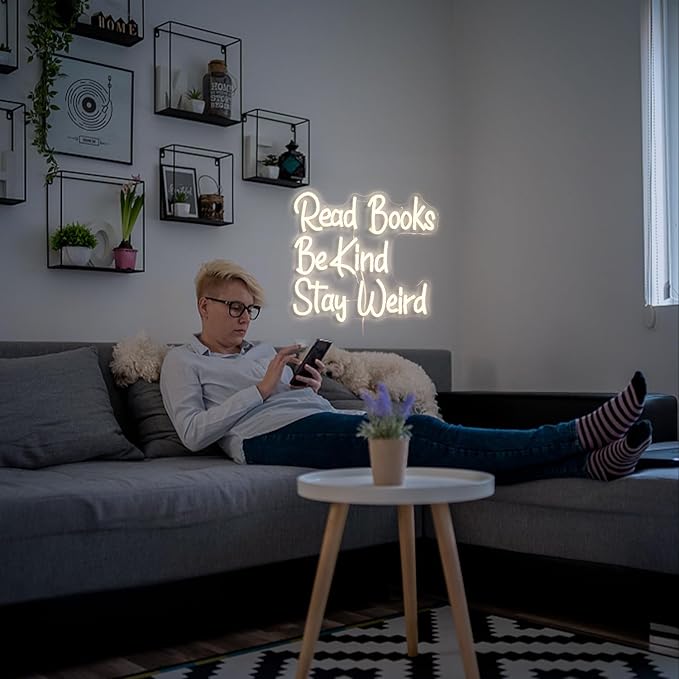 Read Books Be Kind Stay Weird Neon Sign Letter LED Neon Lights Dimmable USB Powered 14.17’’X13’’Cool Wall Decorative Light Bedroom Bar Birthday Party Decoration （Warm White）